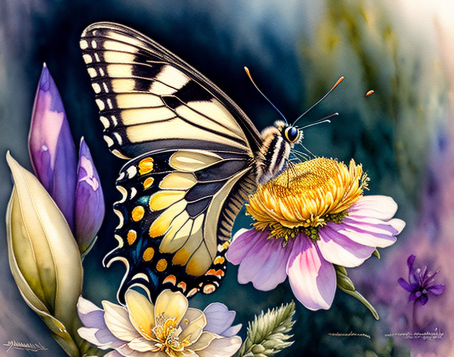 Colorful Butterfly Resting on Yellow Flower Surrounded by Purple Blooms