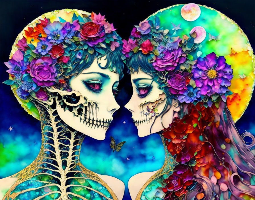 Vibrant artwork: skeletal figures with floral motifs, moon and stars backdrop, butterfly gaze.