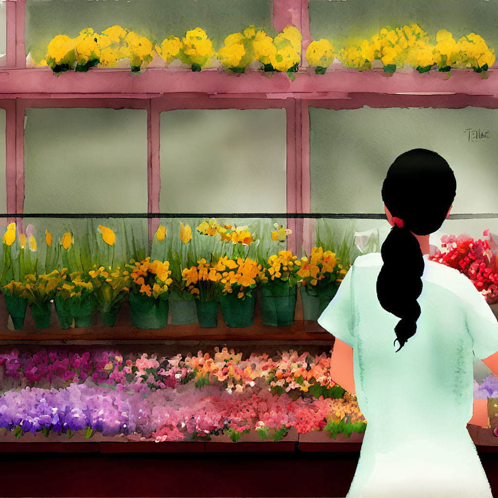 Person with Braid Admiring Colorful Flowers at Florist's Shop