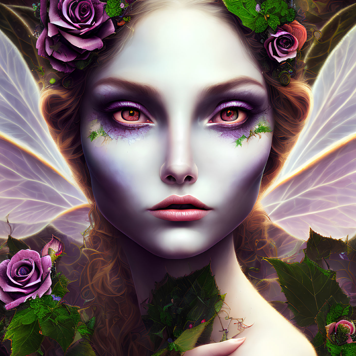 Digital artwork: Woman with purple eyes, floral crown, translucent wings, in purple and green foliage