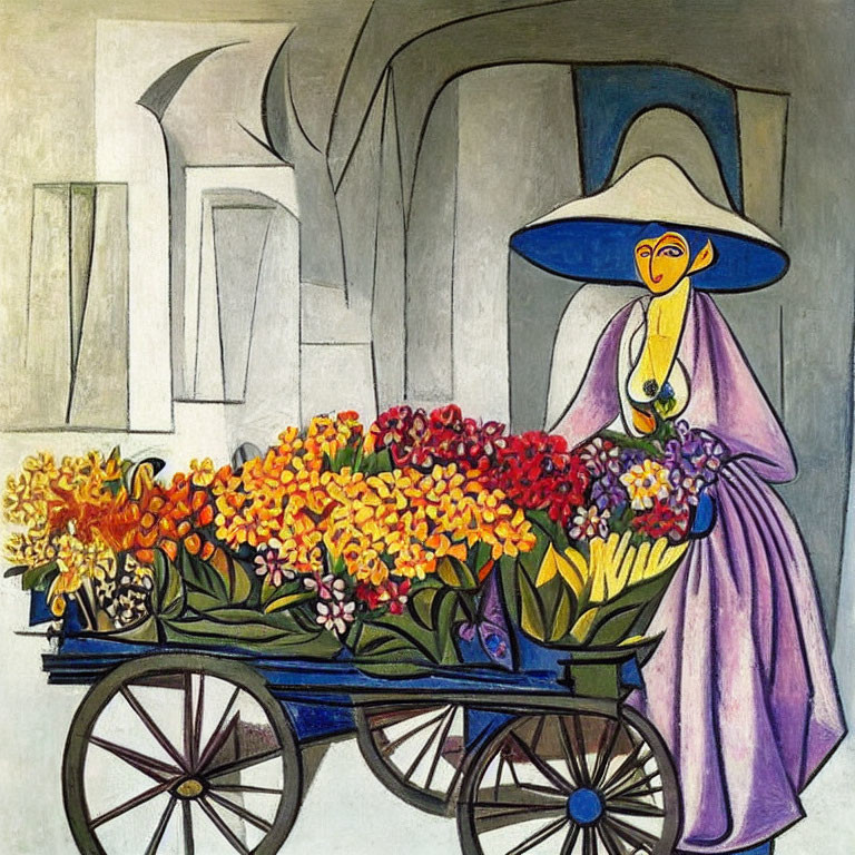 Person in Large Hat and Purple Cloak with Flower Cart and Architectural Background