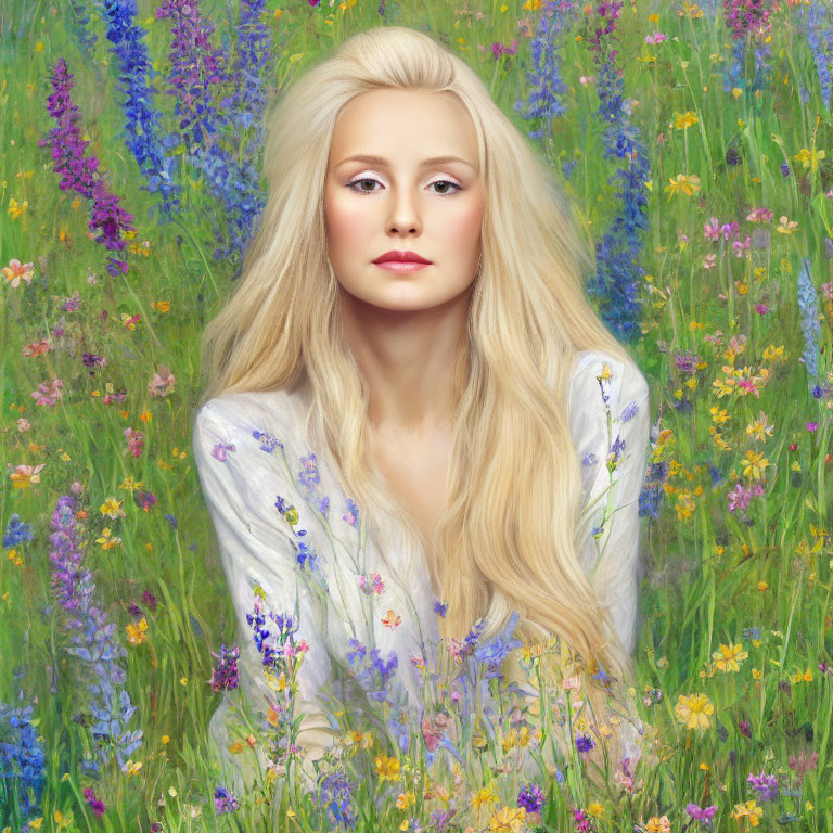Blonde woman in floral dress surrounded by colorful field flowers