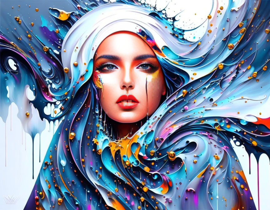 Colorful digital artwork of woman with white headscarf in swirling blue, white, and golden patterns