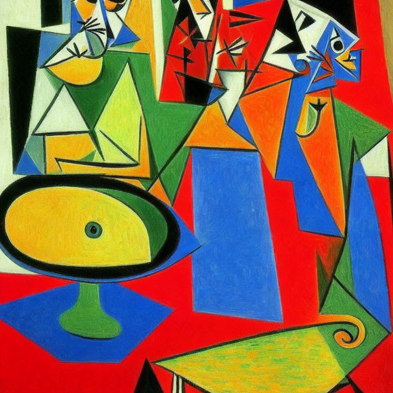 Colorful Cubist Painting Featuring Geometric Shapes and Fruit Bowl