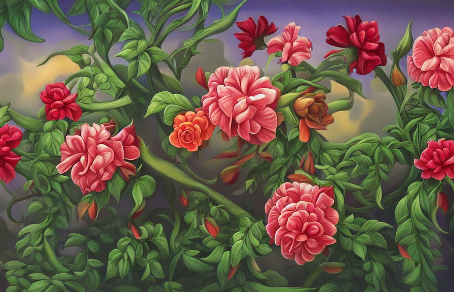 Vivid painting of green foliage, red flowers, purple and yellow background