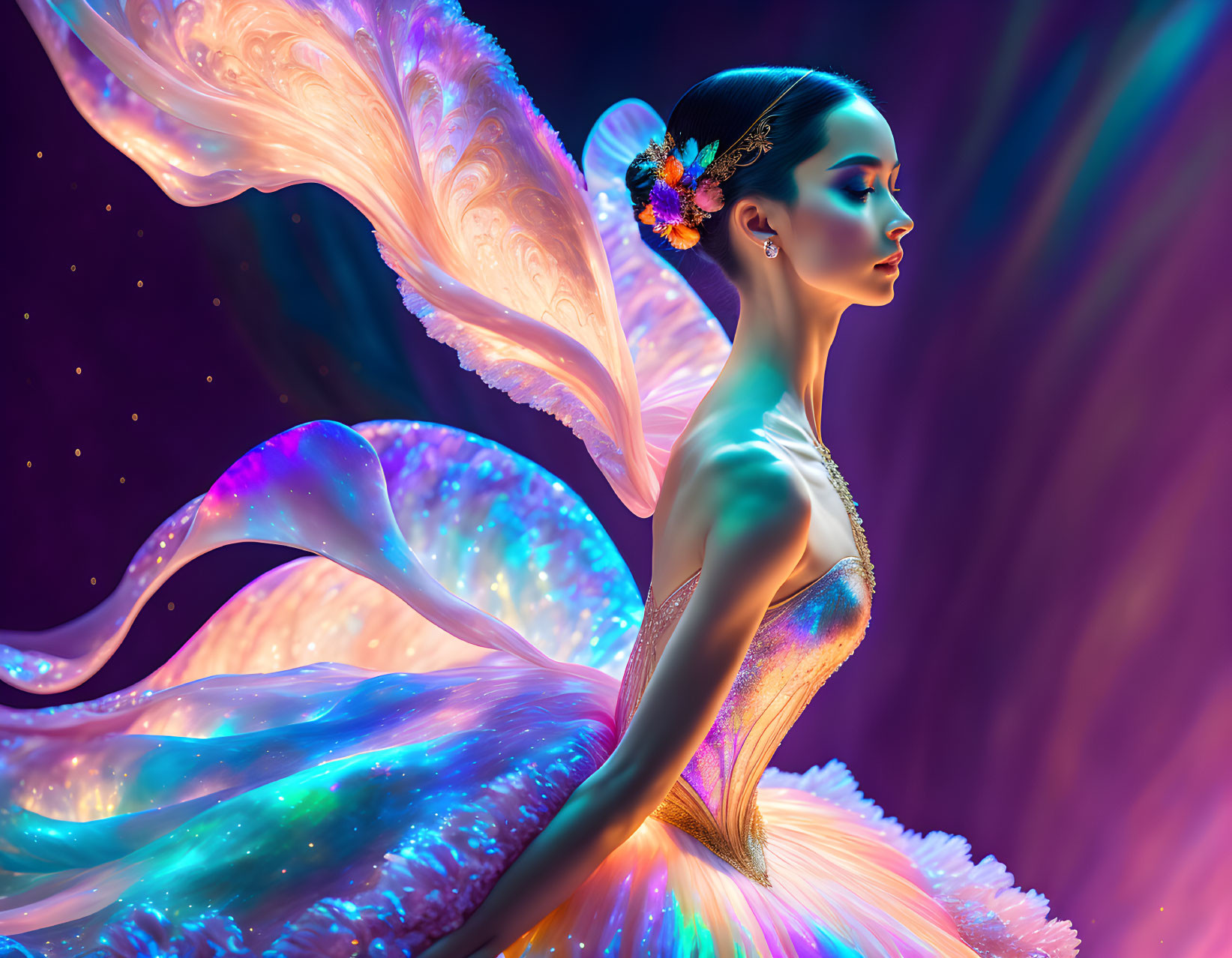 Glowing woman with iridescent butterfly wings against colorful backdrop