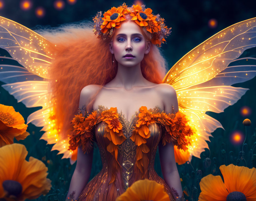 Woman with Luminous Wings in Orange Floral Attire in Mystical Flower Field