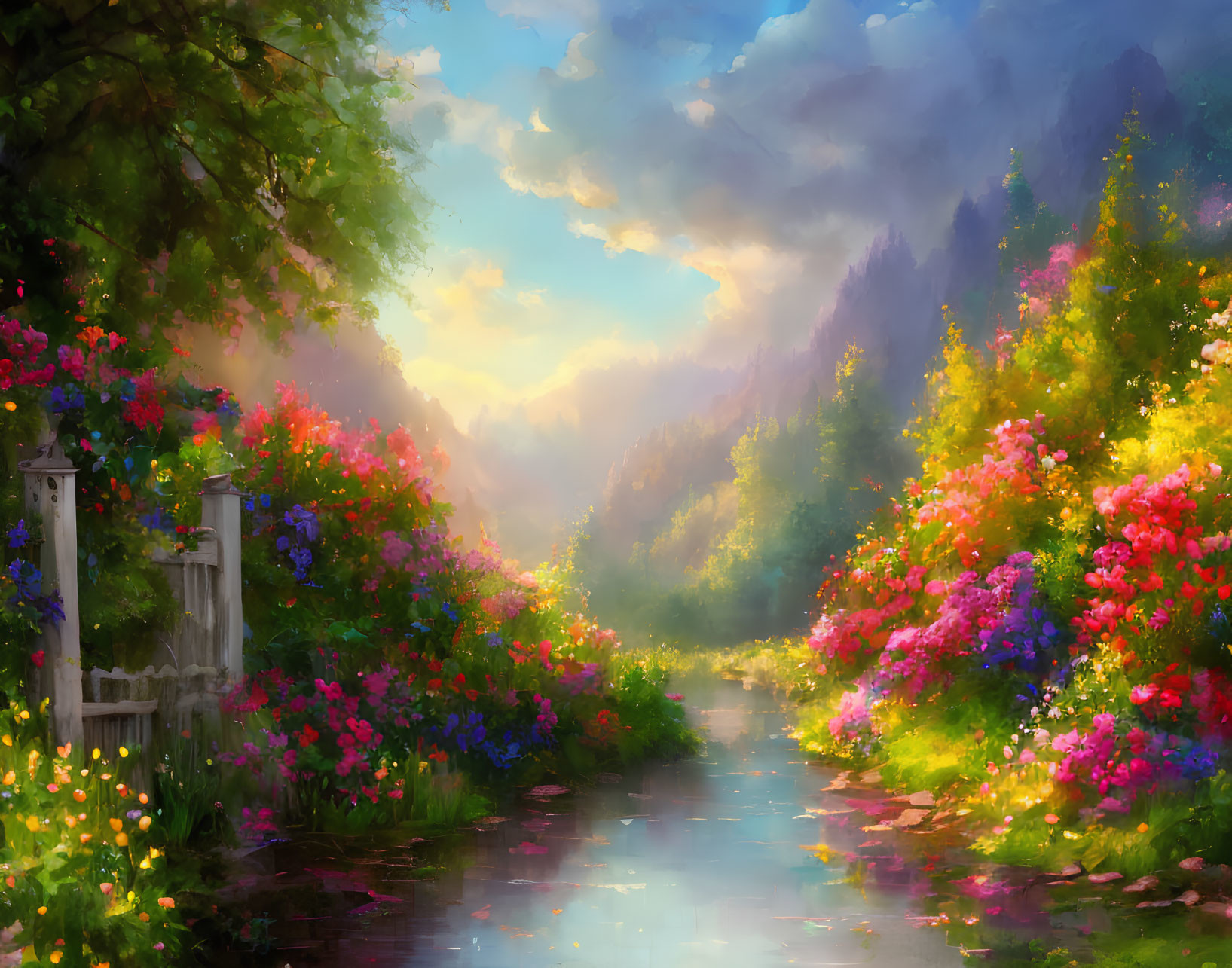 Tranquil garden path with colorful flowers and serene waterway