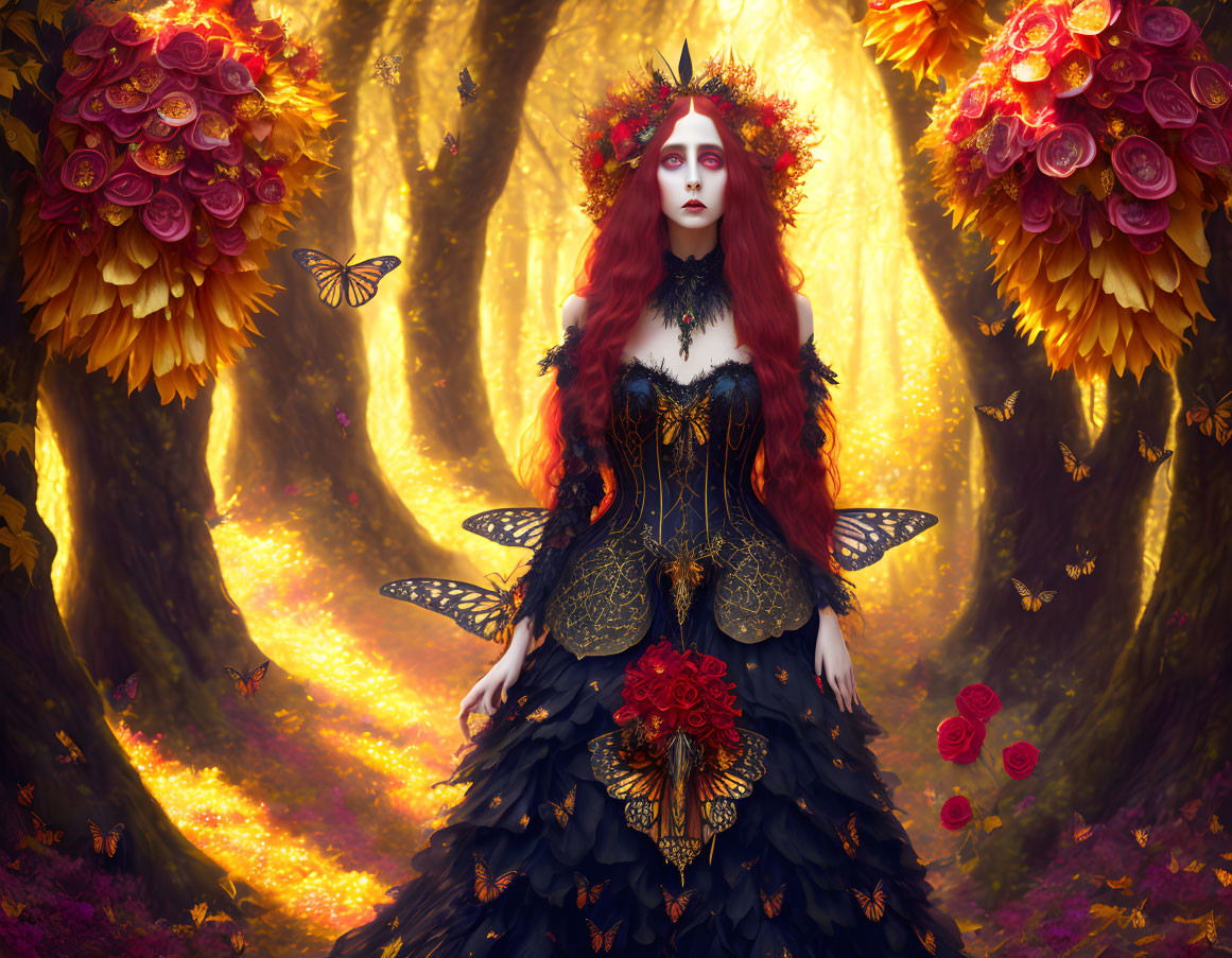 Red-haired woman in floral crown amidst enchanted forest with butterflies.