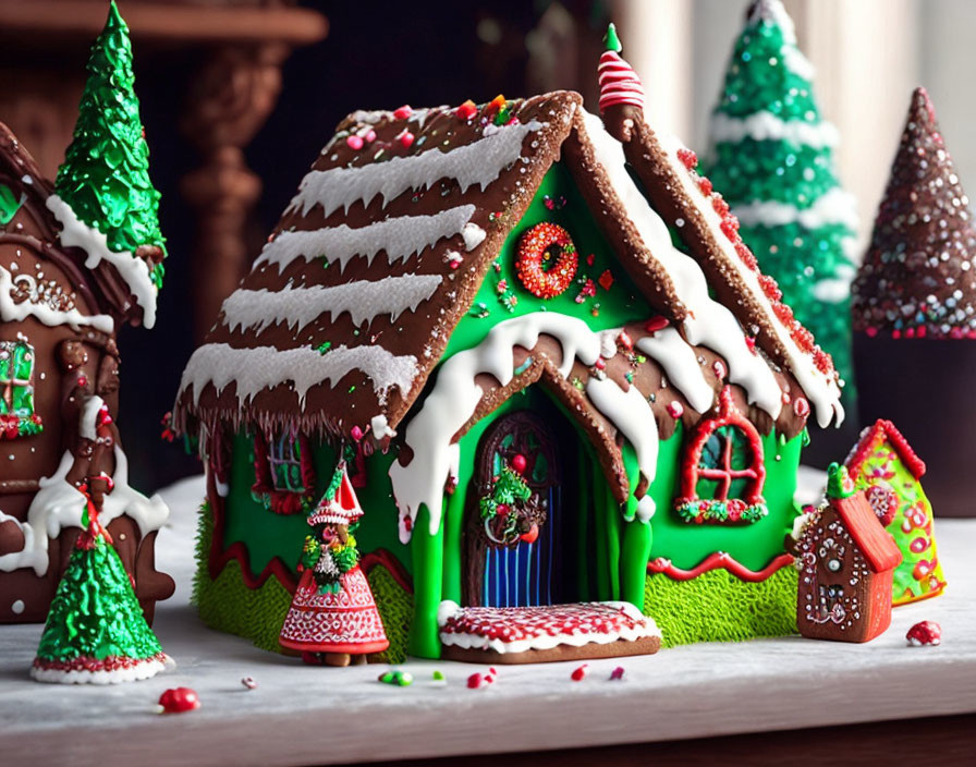 Colorful Gingerbread House with Icing Decorations and Candy Accents