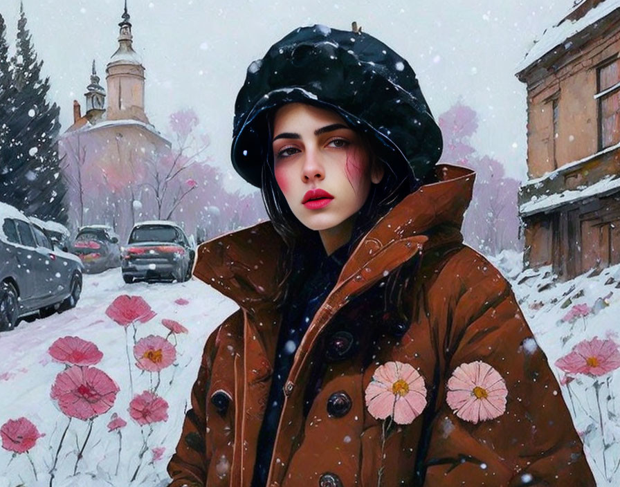 Woman in Black Hat and Brown Coat in Snowy Cityscape with Pink Flowers