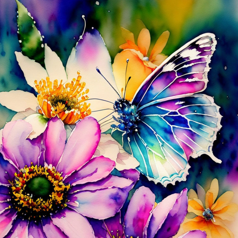 Colorful Butterfly Watercolor Painting on Flowers with Splashed Background