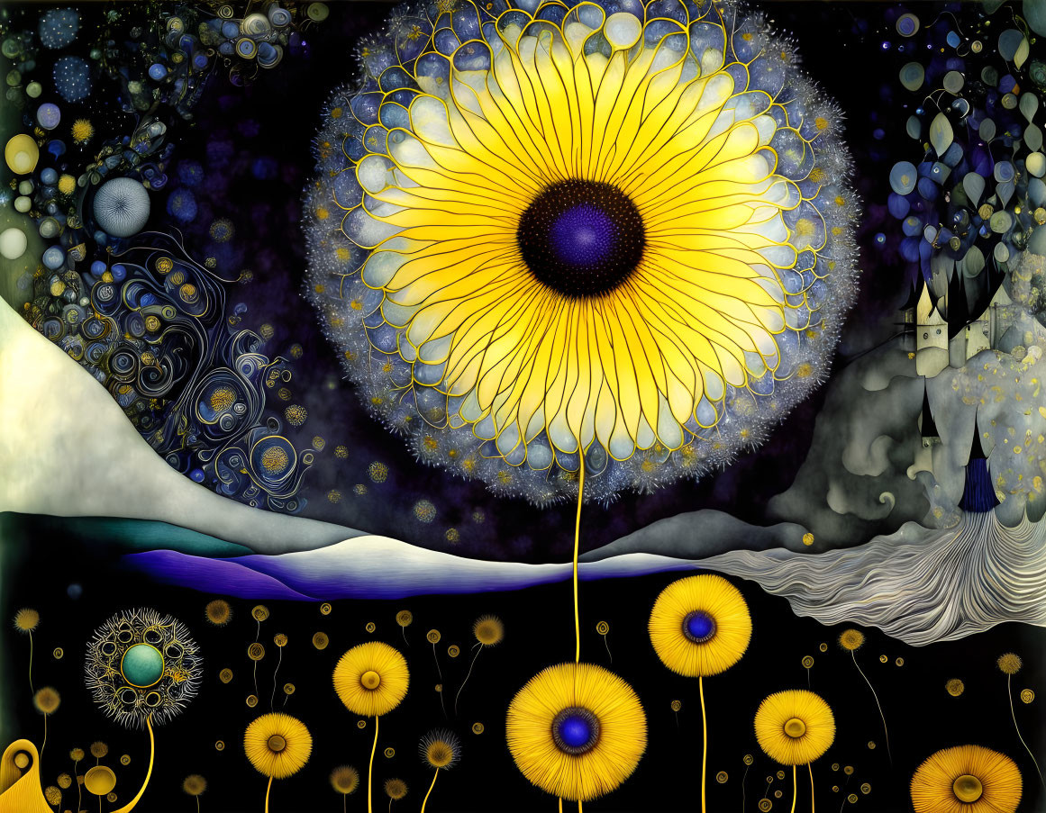 Surreal yellow flower artwork with cosmic backdrop