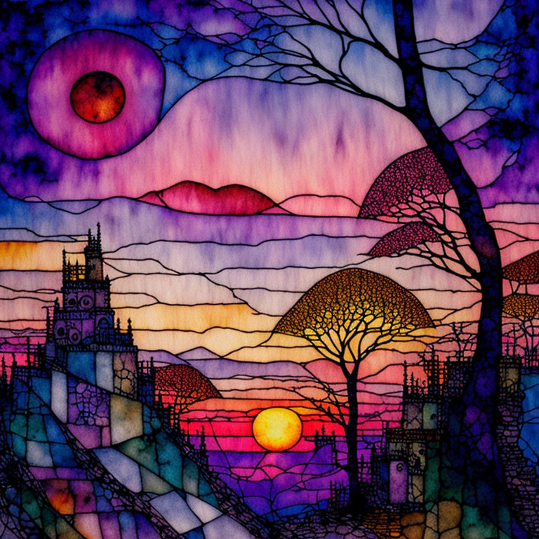 Colorful Stained-Glass Style Artwork of Surreal Sunset