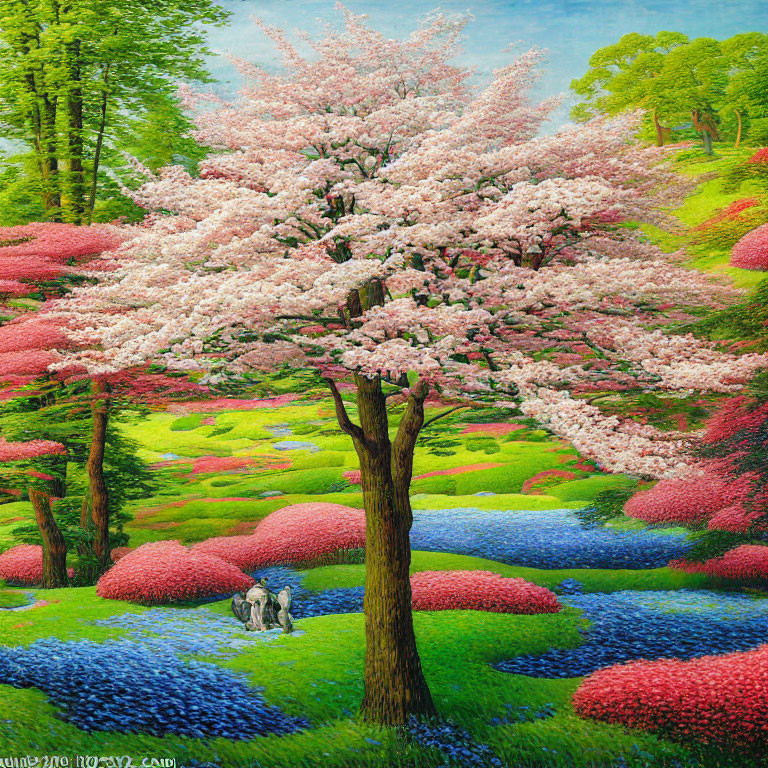 Colorful Cherry Blossom Tree Landscape with Small Figures