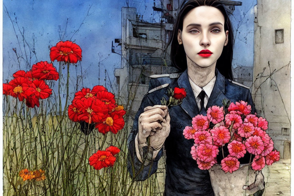 Illustrated woman with dark hair holding bouquet among red poppies and cityscape.