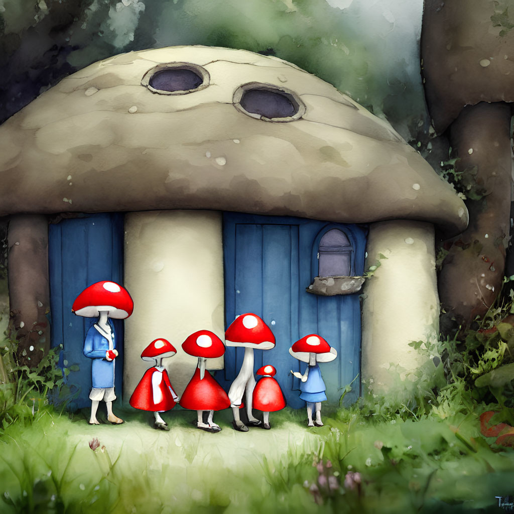 Characters with Mushroom Cap Heads in Front of Whimsical Mushroom House