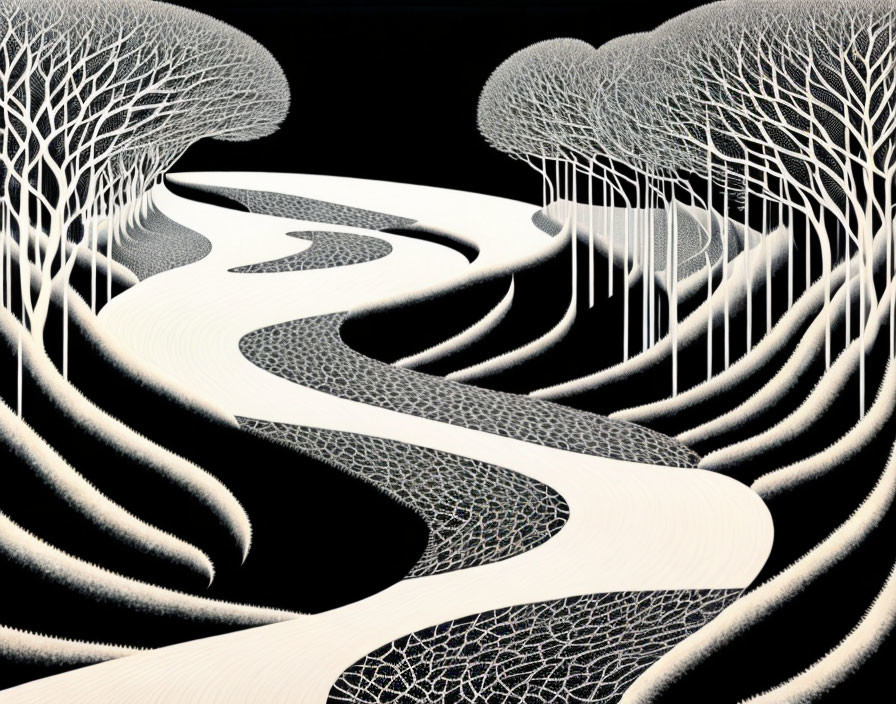 Monochrome abstract art: Serpentine pathway with lace-like tree canopies