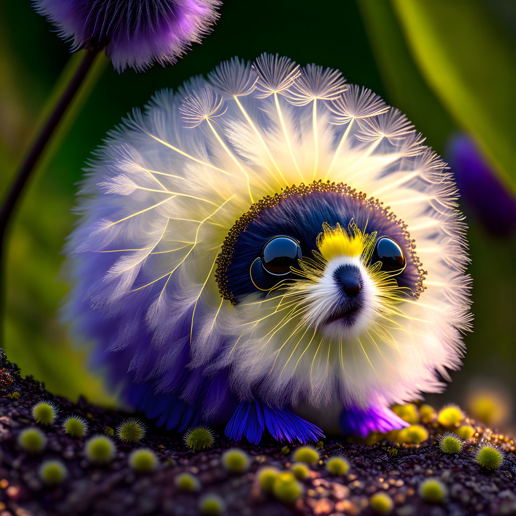 Fluffy creature with dandelion-like fur and vivid colors