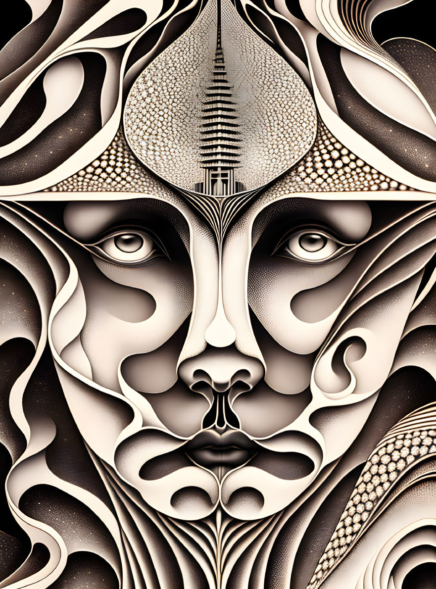 Symmetrical Abstract Face with Swirling Patterns and Dot Textures