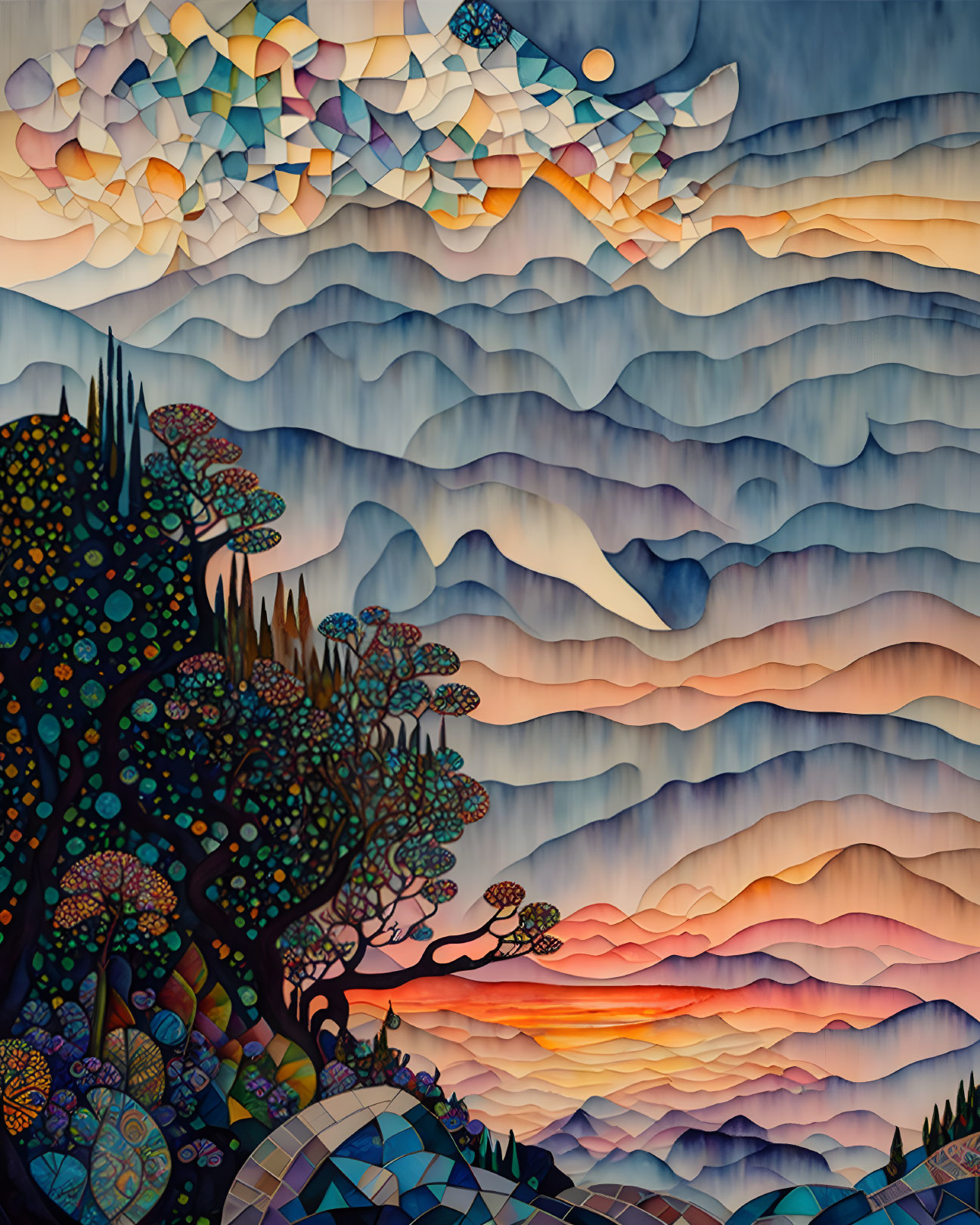 Colorful Trees and Rolling Hills in Layered Landscape Artwork
