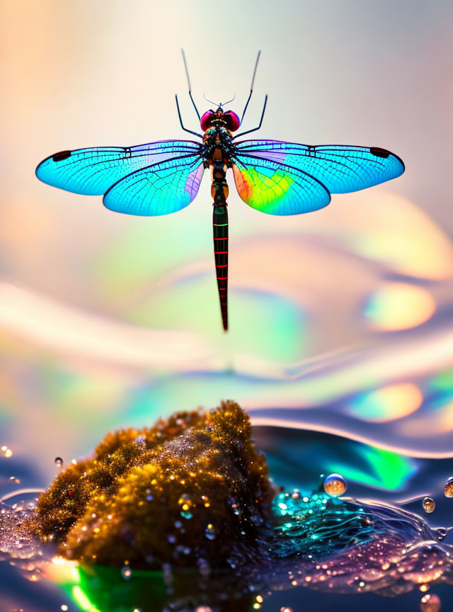 Blue dragonfly on dew-covered rock with colorful light patterns