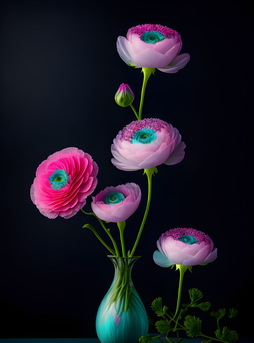 Pink Anemone Flowers with Blue Centers in Teal Vase