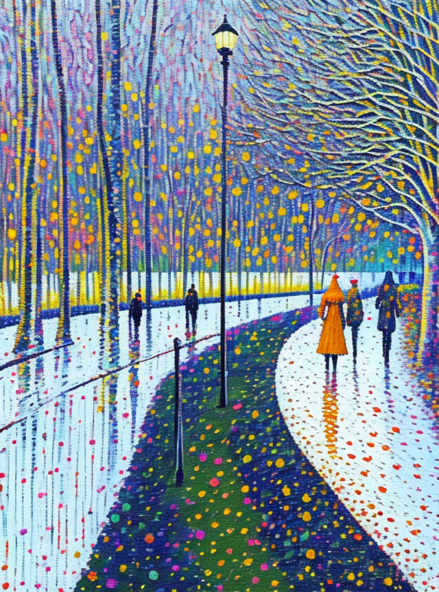 Snowy Path Painting with Colorful Trees and People Walking