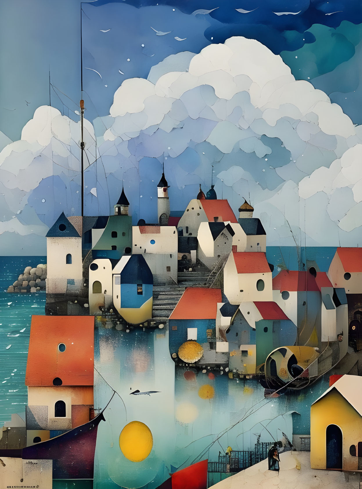 Vibrant seaside village painting with whimsical houses and leisure activities