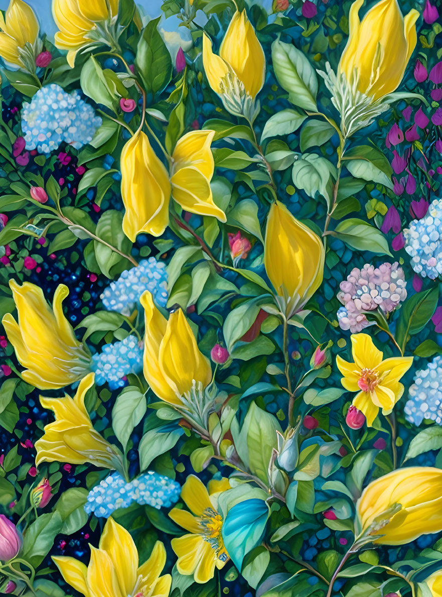 Colorful Floral Painting with Yellow Blooms and Green Foliage