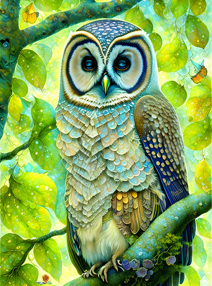 Colorful Stylized Owl Perched in Nature Scene with Butterflies