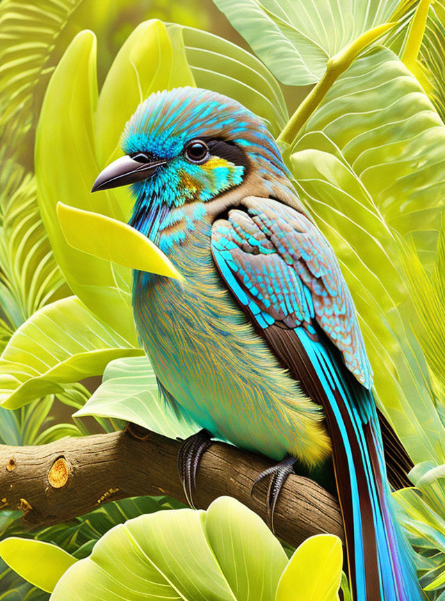 Colorful bird with turquoise and yellow feathers on branch surrounded by green leaves