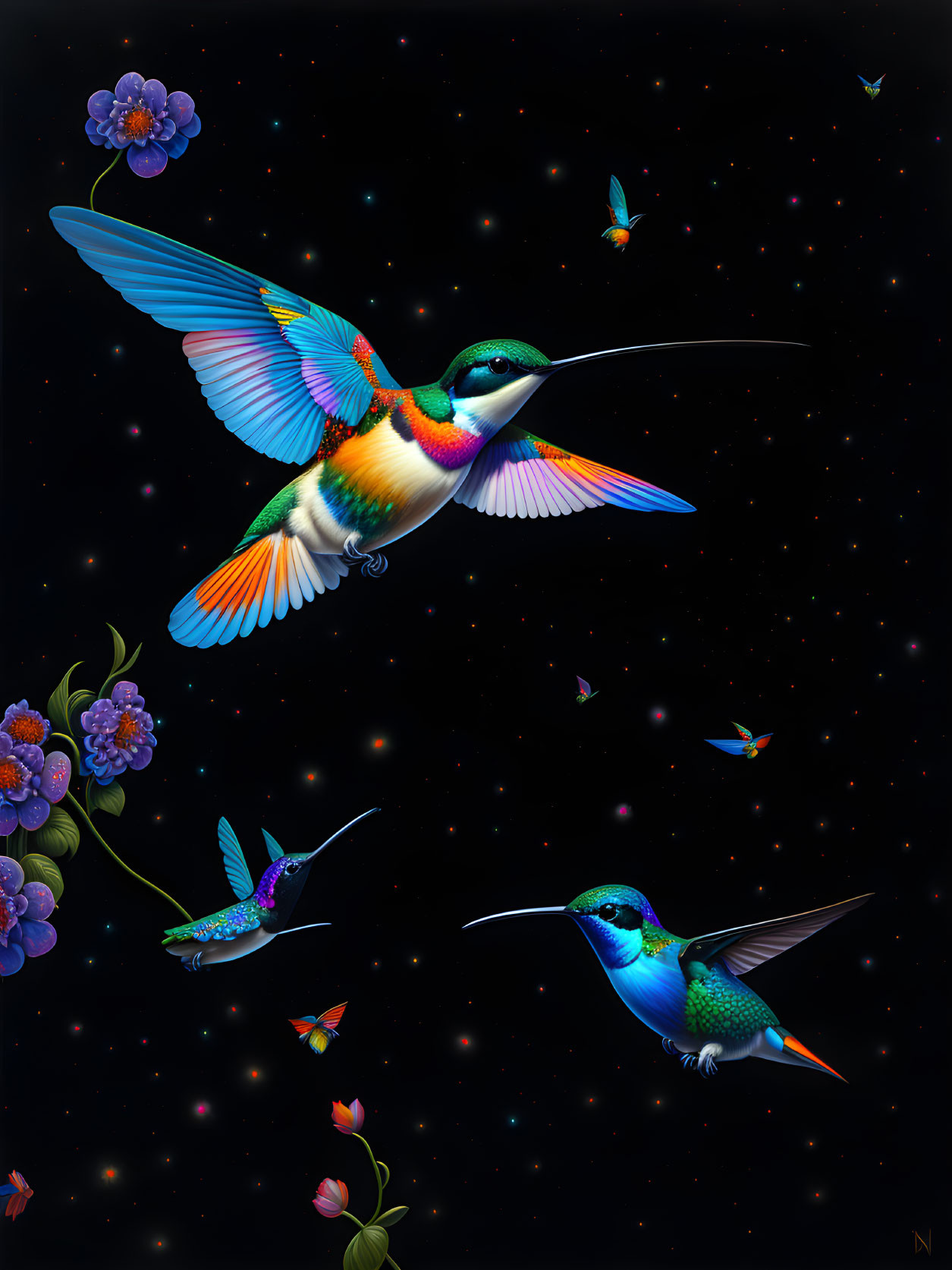 Colorful hummingbirds in starry sky with flowers and butterflies