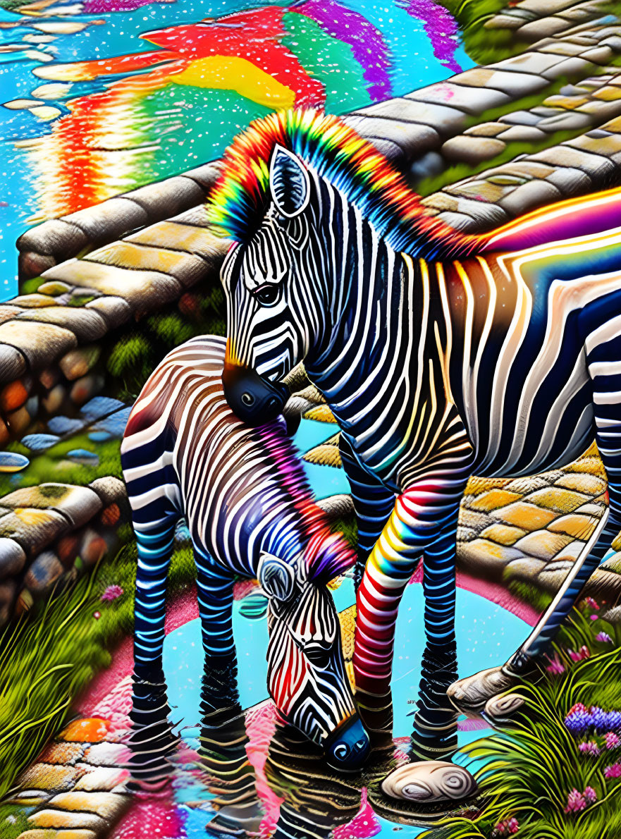 Colorful zebra artwork with rainbow reflections by waterside with vibrant flora