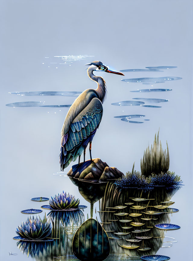 Tranquil water scene with heron, rocks, and water lilies