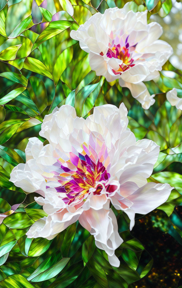Vibrant White and Pink Peony Flowers with Purple Center on Green Leaf Background