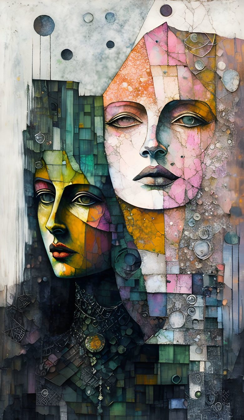 Geometric abstract art of fragmented faces in muted colors