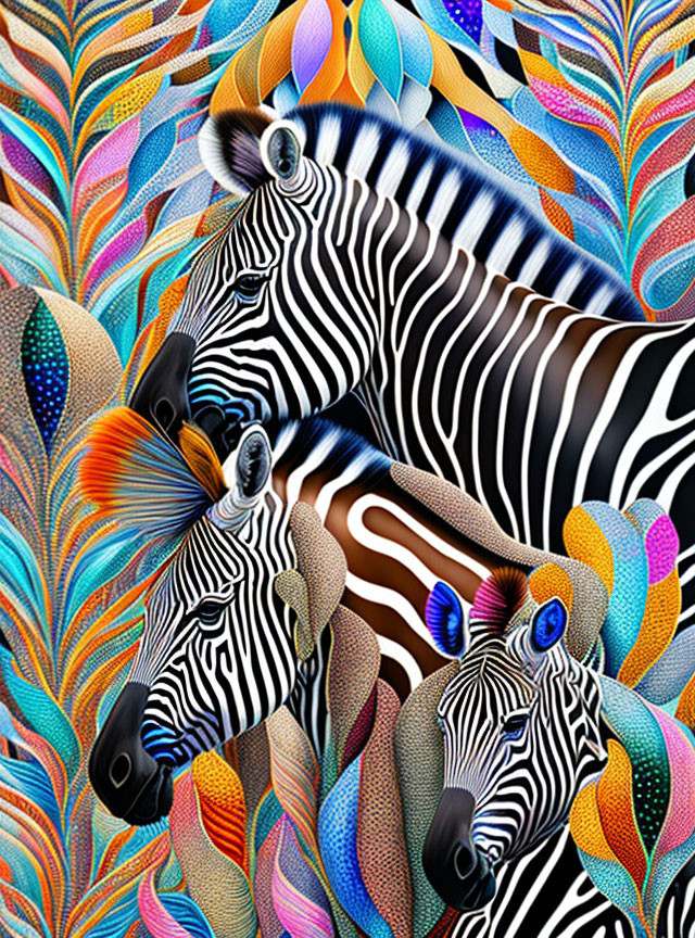 Vibrant digital artwork: Zebras with colorful patterns on stripes