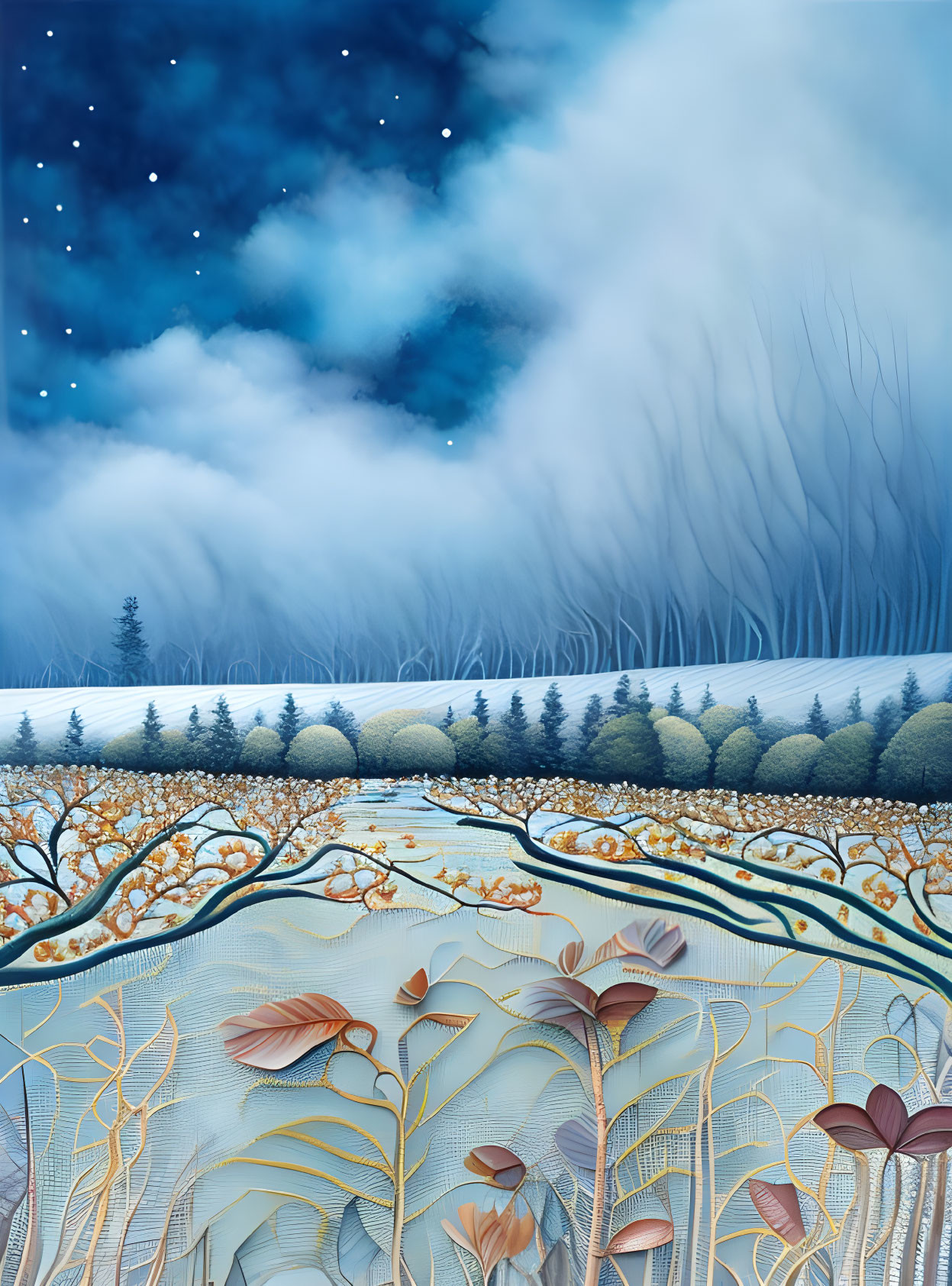 Layered Landscape with Starry Night Sky, Misty Forest, Snowy Hills, and Autumnal