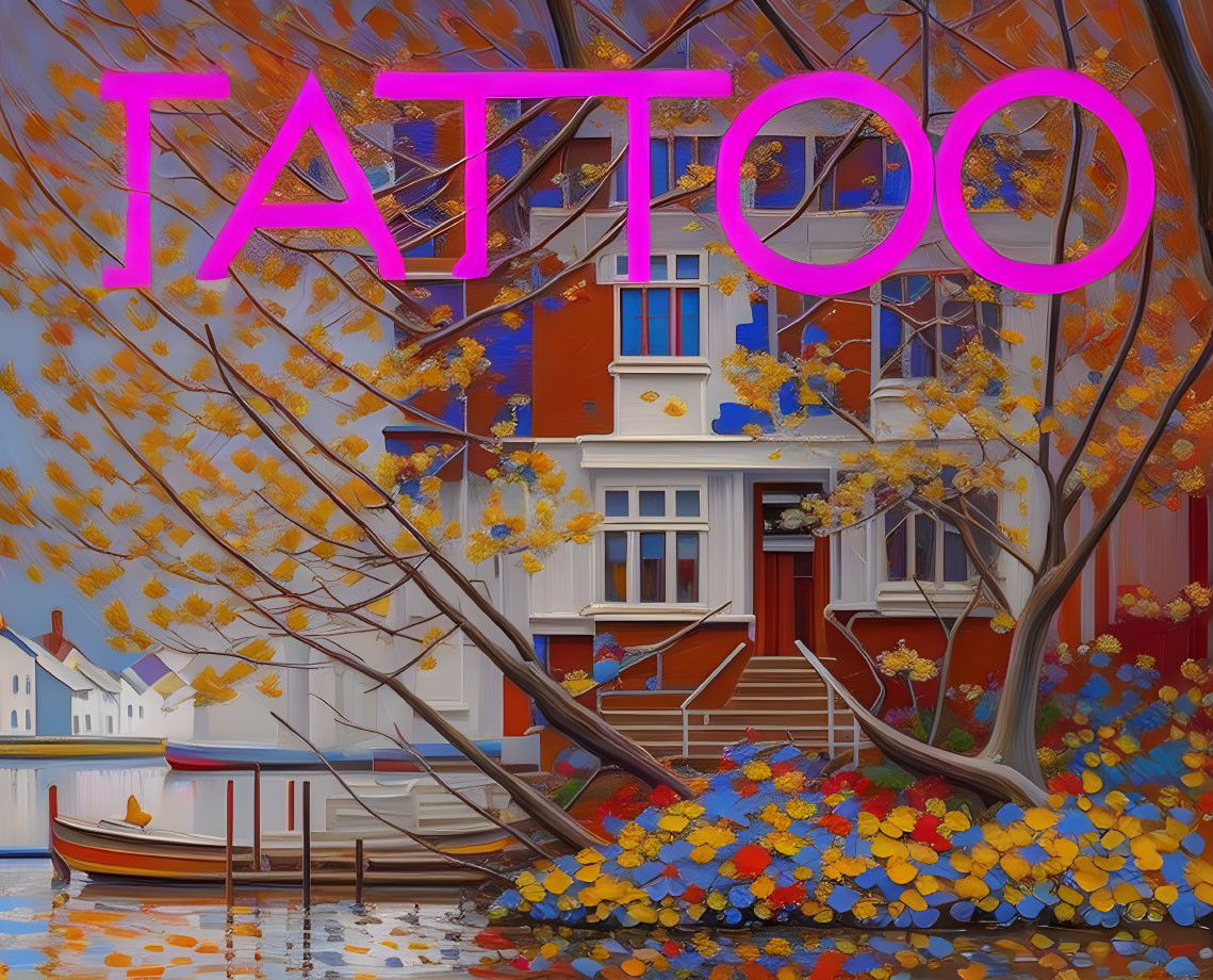 Colorful digital artwork: Riverside house, orange leaves, boat, "TATTOO" in