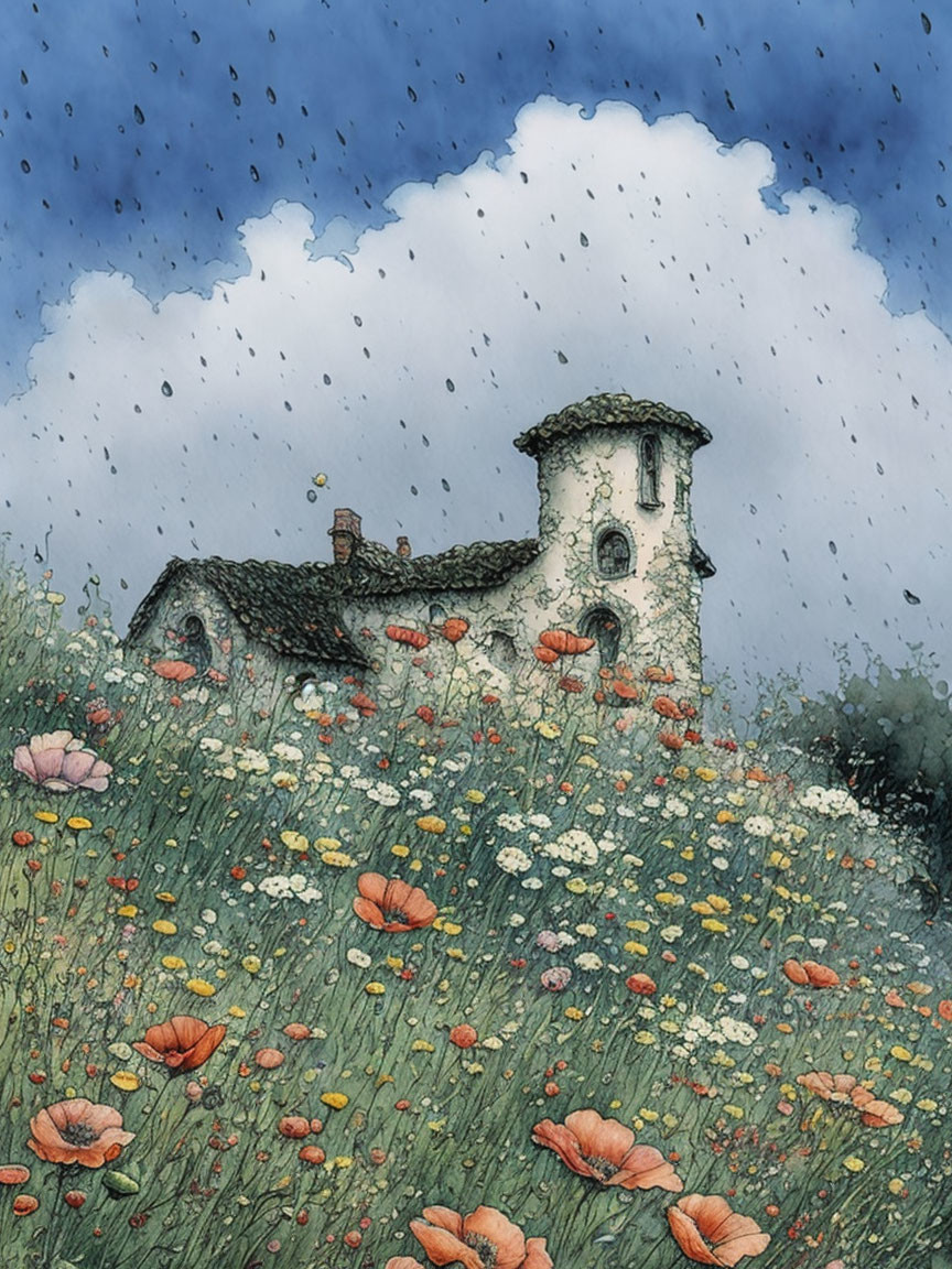 Quaint stone house with tower in vibrant wildflower field under rainy sky