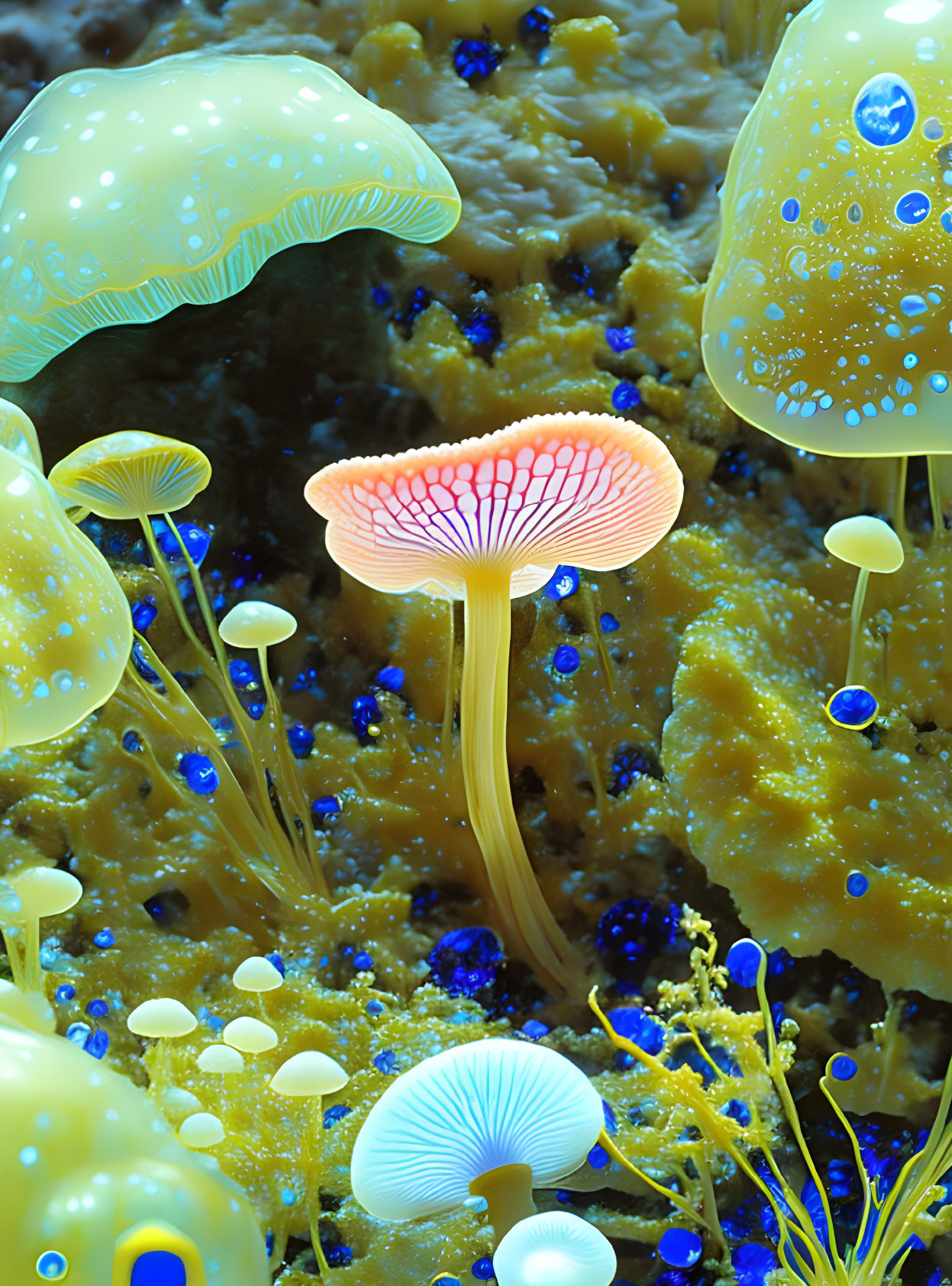 Vibrant bioluminescent mushrooms on textured surface