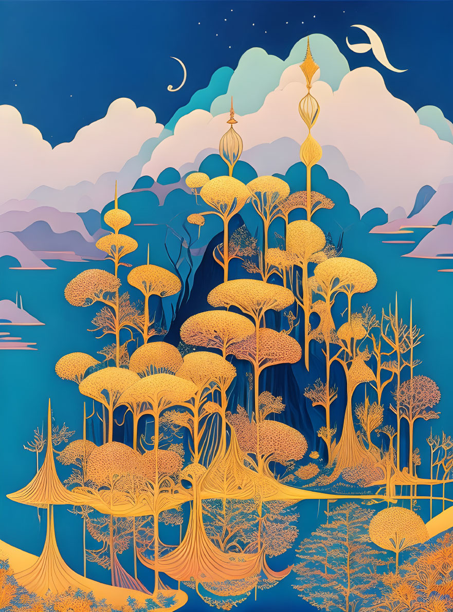 Stylized forest with golden trees and whimsical architecture against blue mountains and crescent moon