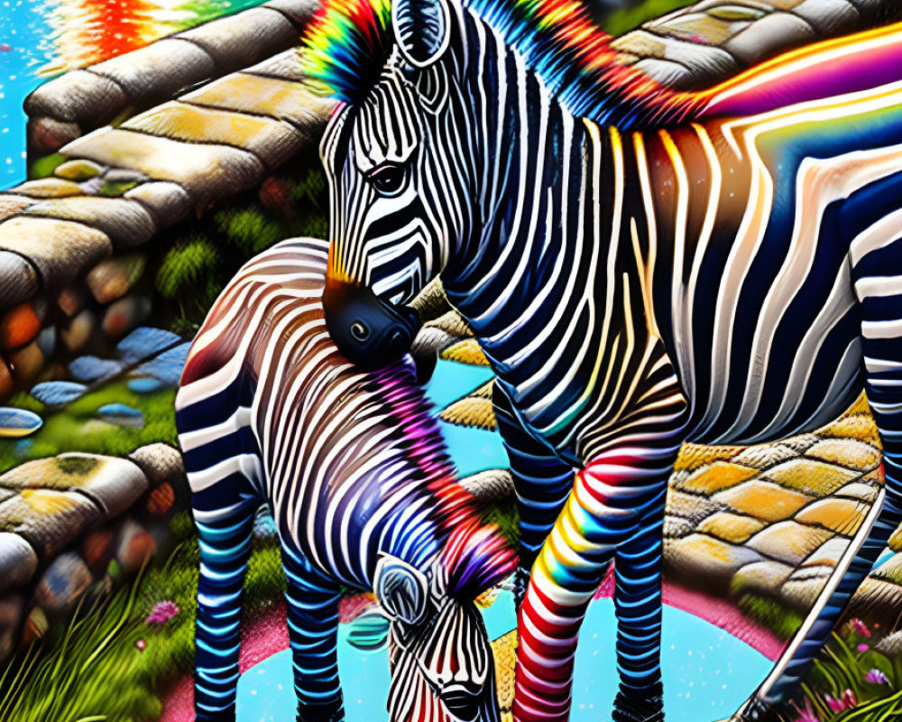 Colorful zebra artwork with rainbow reflections by waterside with vibrant flora