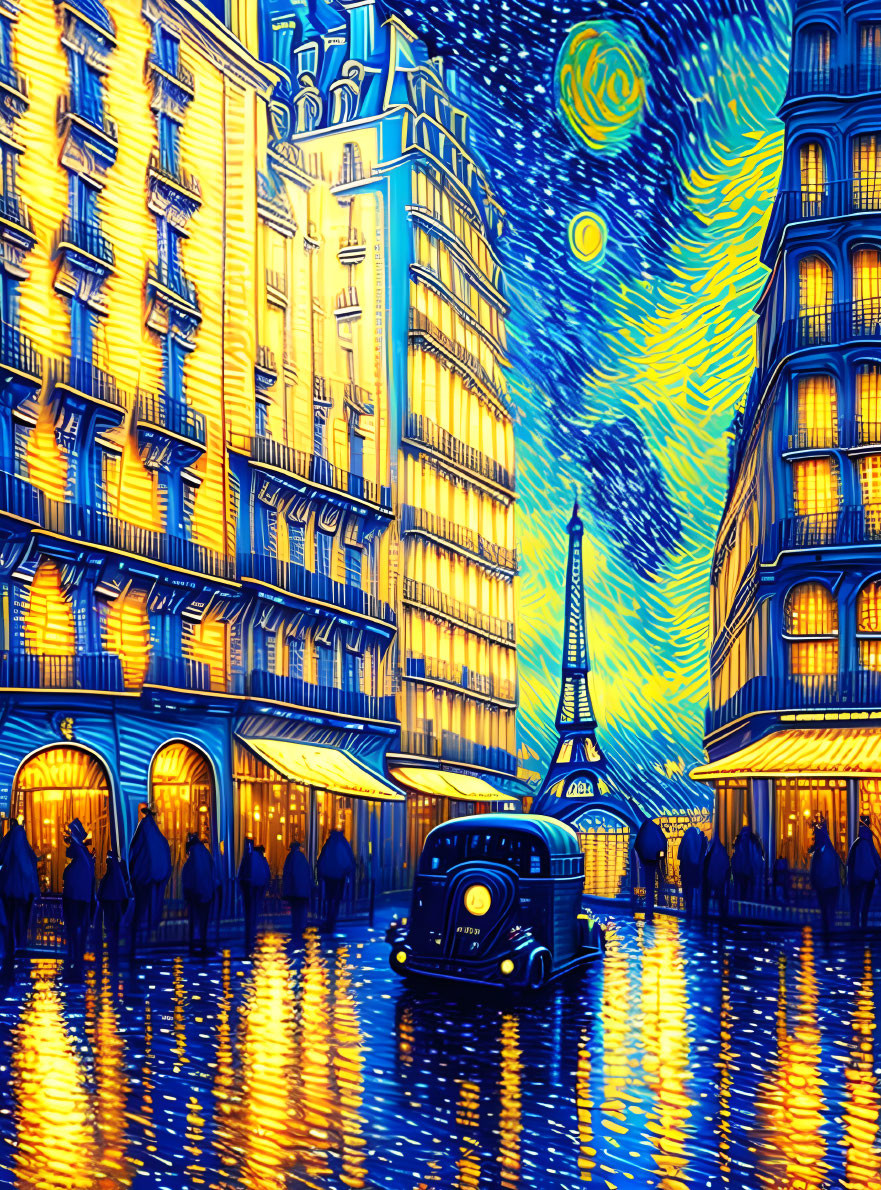 Starry Night-themed Eiffel Tower & Parisian streets with vibrant colors & vintage car