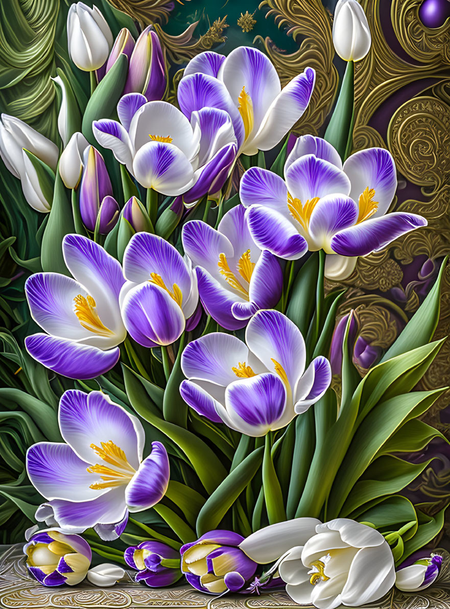 Vibrant Purple and White Tulips Digital Artwork with Delicate Patterns