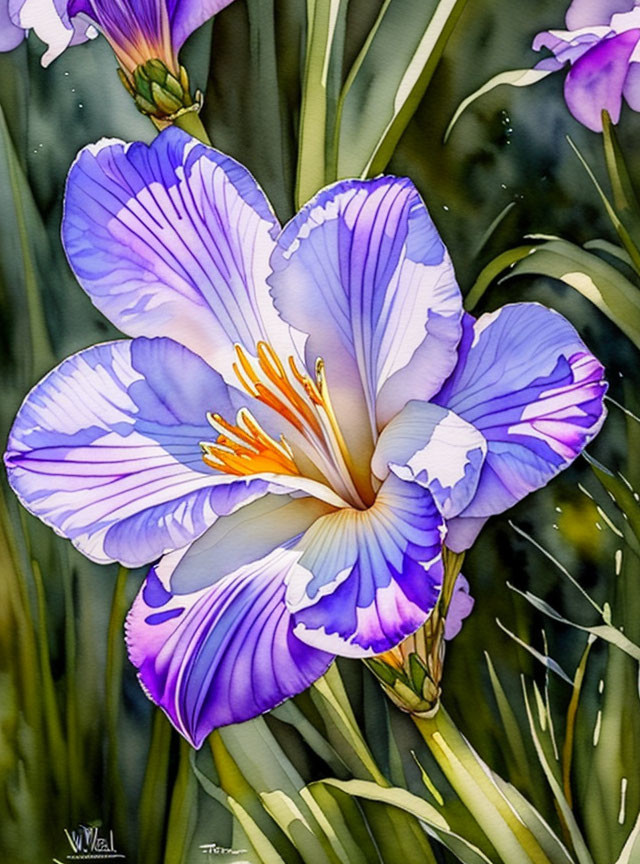 Colorful Watercolor Painting of Purple Iris with Orange Stamens and Green Foliage