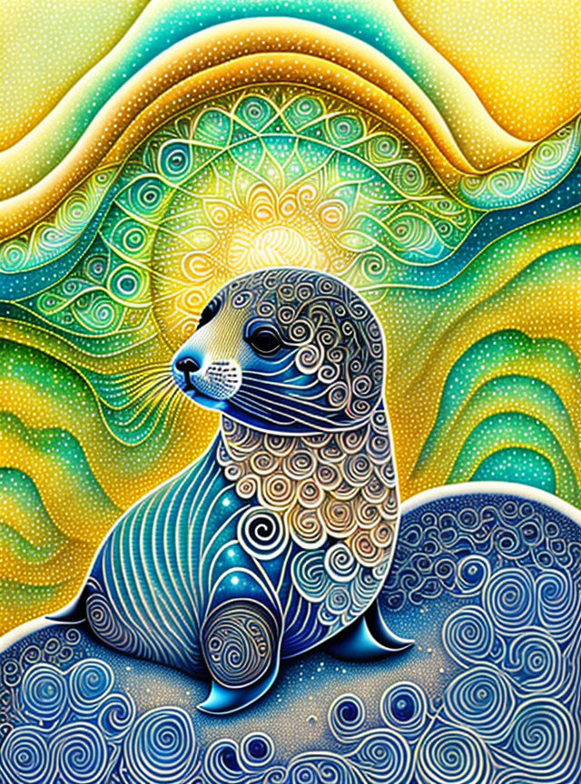 Colorful Psychedelic Seal Illustration with Abstract Waves