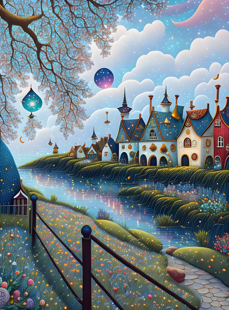 Colorful village illustration with whimsical houses, river, lanterns, and starlit sky