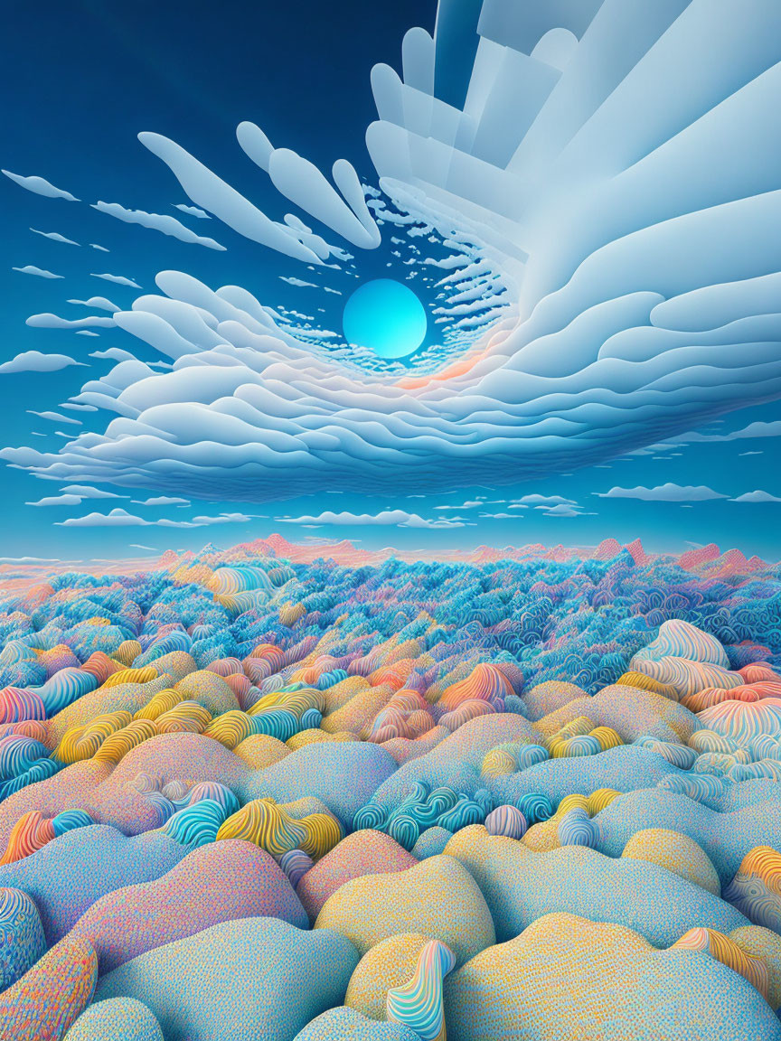 Colorful rolling hills under textured clouds in surreal landscape